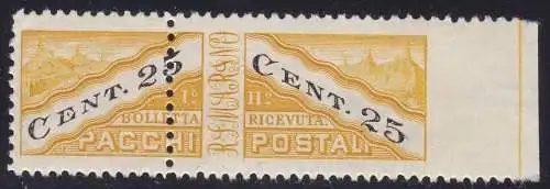 1946 SAN MARINO, Postpakete Nr. 19/IIia 25c. gelb und schwarz MLH/*
