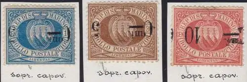 1892 SAN MARINO, Nr. 8a/10a MLH/* drei Werte mit umgedrehtem Überdruck