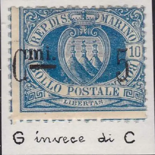 1892 SAN MARINO, Nr. 8y 5c. auf 10c. blau MLH/*G.mi statt C.mi