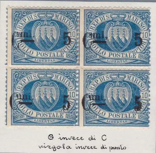 1892 SAN MARINO, Nr. 8p/8y/8/8 5c. auf 10c. blauer 4 MLH/MNH Block mit den Sorten G.mi statt C.mi/Komma nach 'mi'