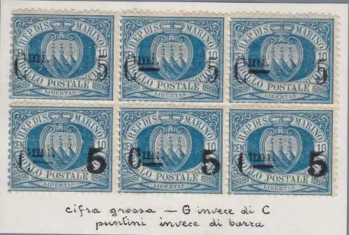 1892 SAN MARINO, Nr. 8 Block von 6 (unterer Streifen Pos. 48/49/50 MNH/**) VARETTE G.mi statt C.mi / Ziffer 5 große Zeichen SELTEN