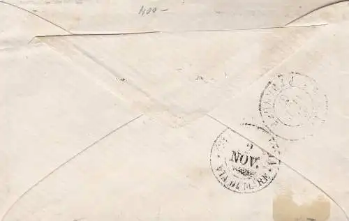 1867 FRANKREICH, Brief von Tours nach Civitavecchia frankiert mit 20c. blau ABBRECHEN 'SEEWEG' auf der Rückseite