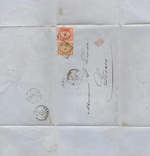 1860 FRANKREICH, Brief aus Paris nach Genua frankiert mit Nr. 13 +16 ANNULLIERUNG 'D' Bureaux de quartier Type Baton