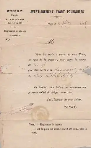 1878 FRANKREICH, Zahlungsaufforderung frankiert mit Steuer Nr. 6 30 c. schwarz BESCHEIDENE QUALITÄT