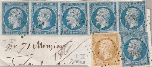 1853-60 FRANKREICH, frankiertes Fragment mit Nr. 13 II + 14 I Streifen 5+14 II SEHR SCHÖN