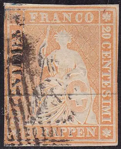 1854-55 SCHWEIZ, Einheitlicher Katalog Nr. 29c 20r. gelb-orange, signiert Raybaudi - A. Diena