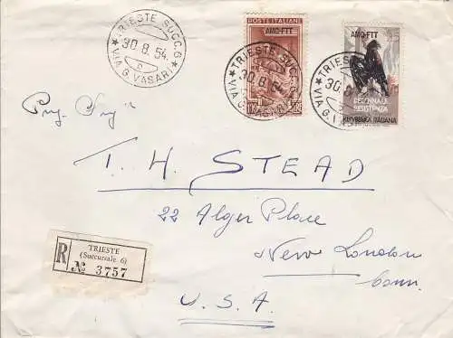 1954 TRIEST A - Einschreiben in die USA frankiert mit 100 Lire Italien bei der Arbeit + Nr. 200