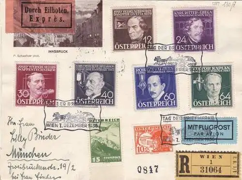 1936 ÖSTERREICH, Luftpost - Nr. 489/494 die komplette Serie auf Expresseinschreiben für die Luftpost