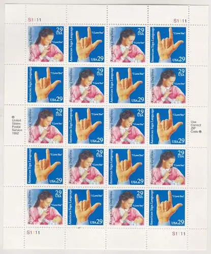 1993 USA, Nr. 2510/2511 Die Gebärdensprache 20 Werteblatt MNH/**