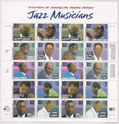 1995 USA, Nr. 2741/2750 Jazzmusiker Blatt mit 20 Werten mnh/**