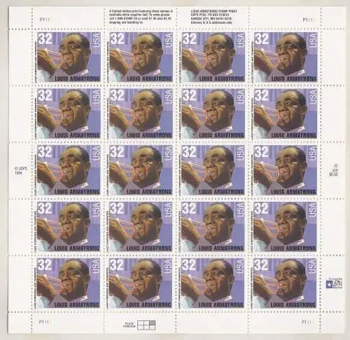 1995 USA, Nr. 2730 Louis Armstrong 20 Wertblatt postfrisch**