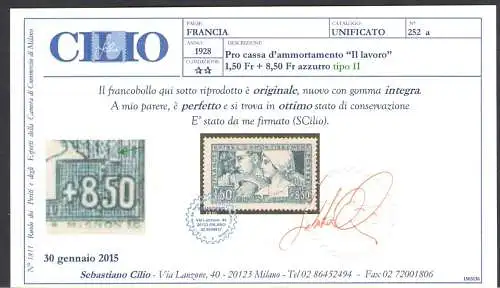 1928 FRANKREICH - Pro Cassa d'Amoramento 1.50 + 8.50 blau Typ II, Nr. 252a Cilio Zertifikat MNH**