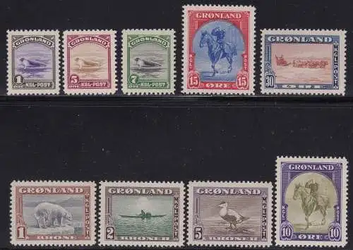 1945 GRÖNLAND, Bildnisse von König Christian X., Säugetiere Nr. 10/18 Serie von 9 MNH/** Werten