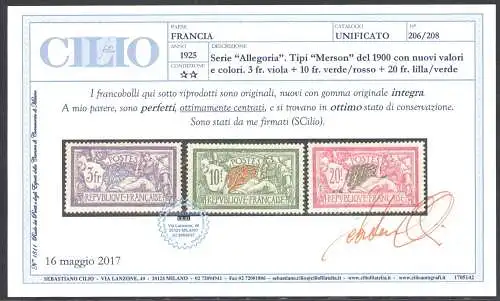 1925-26 FRANKREICH - Allegorien Typ Merson 3 Werte, Nr. 206-208 MNH** Cilio-Zertifikat
