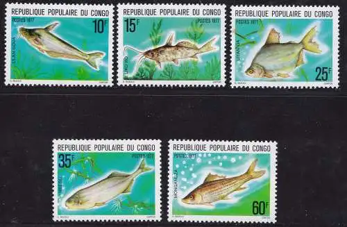 1977 KONGO - Fische, Fische, Yvert Nr. 448/452 Serie von 5 Val. postfrisch/**
