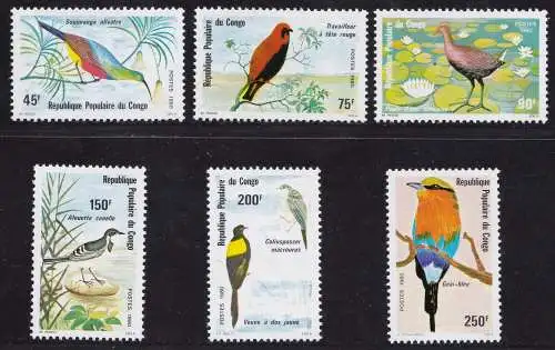 1980 KONGO - Vögel/Vögel, Yvert Nr. 581/586 Serie von 6 val. postfrisch/**