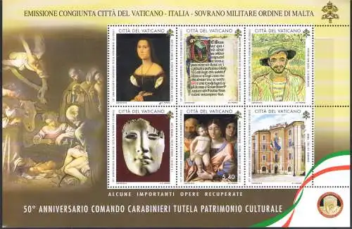 2019 Vatikan - Blatt 50. Jubiläum Commando Carabinieri Schutz des Kulturerbes - Gemeinsame Ausgabe des Vatikans - Italien - Smom MNH**