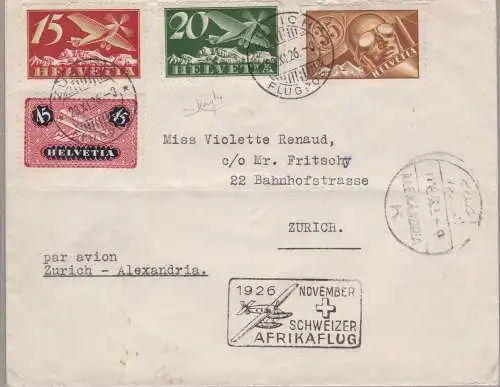 1926 SCHWEIZ, AfrikaFlug Zürich-Alexandria Unterzeichneter Brief Raybaudi