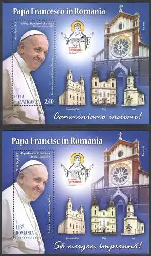 2019 Vatikan und Rumänien - 2 Blätter Papst Franziskus Rumänien und Vatikan - Gemeinsame Emissionen - postfrisch**