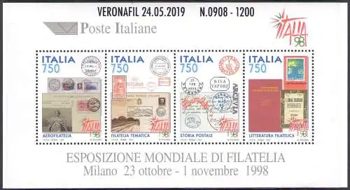 2019 Italien - Republik, Blatt BF 19A Ausstellung. World Philatelia überbestapelt Veronafil 24.05.2019 - Nr. 0908 von 1200 Zertifikat De Simoni MNH**