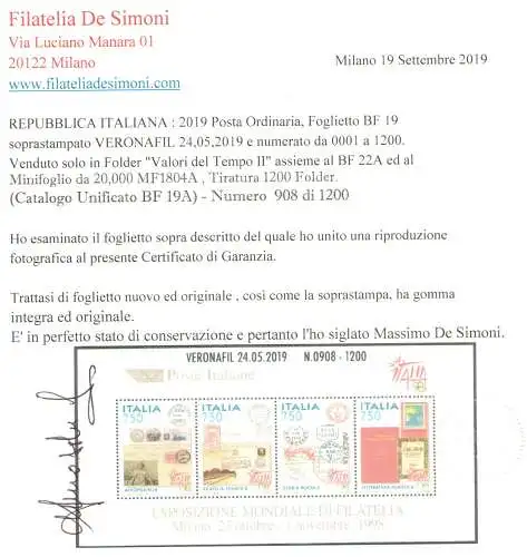 2019 Italien - Republik, Blatt BF 19A Ausstellung. World Philatelia überbestapelt Veronafil 24.05.2019 - Nr. 0908 von 1200 Zertifikat De Simoni MNH**