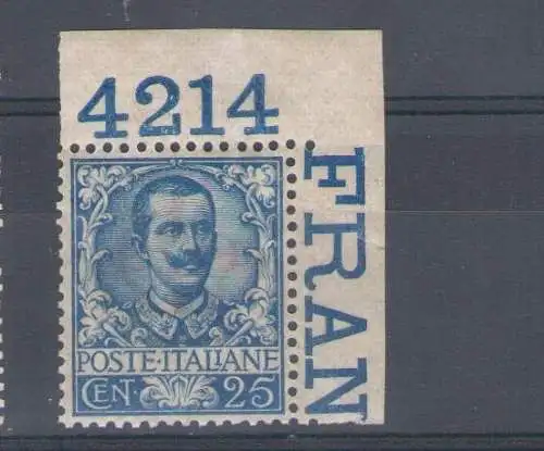 1901 KÖNIGREICH - Vittorio Emanuele III - 25 Cent floreale Blattecke mit Tafelnummer 4214 Nr. 73 - sehr zentral postfrisch **