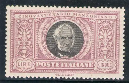 1923 Italien - Königreich Nr. 156 - Manzoni 5 Lire mnh** Raybaudi-Zertifikat AUSGEZEICHNETE ZENTRIERUNG