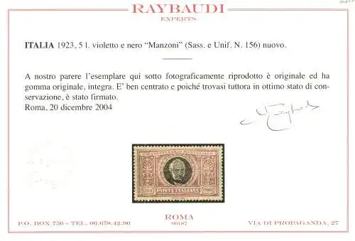 1923 Italien - Königreich Nr. 156 - Manzoni 5 Lire mnh** Raybaudi-Zertifikat AUSGEZEICHNETE ZENTRIERUNG