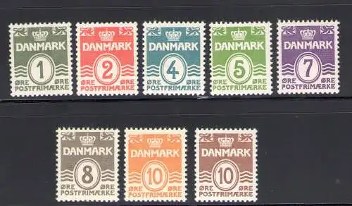 1933 DÄNEMARK, modifizierte ovale Ziffer, doppelzeilig, Nr. 207/213A - 8 MNH-Werte**