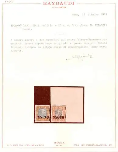 1929-30 ISLAND, Briefmarken Nr. 45 und 61 überdruckt mit Neuwert, 2 Werte Nr. 121/122 MNH** Raybaudi zertifiziert
