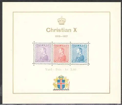 1937 ISLAND, 25. Thronjubiläum von König Christian X., BF 1, MNH**