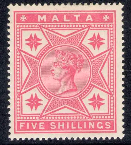 1886 MALTA - Bildnisse von Königin Victoria - 5 rosa Schilling Nr. 30 S.G. - MLH*