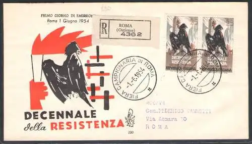 1954 REPUBLIK, Venedig Club Nr. 220, Decennale della Resistance zu zweit, empfohlen, gereist nach Rom