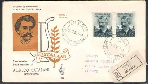 1954 REPUBLIK, Venetia Club Nr. 224, Katalanen zu zweit, eingeschrieben, gereist nach Florenz