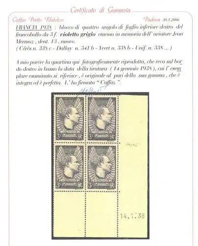 1938 FRANKREICH - 3 FR. Violett Grau, Flieger Jean Mermoz Nr. 338b Maury Katalog 1 Wert, Viertelmünze Datum (14-01-1938) postfrisch**