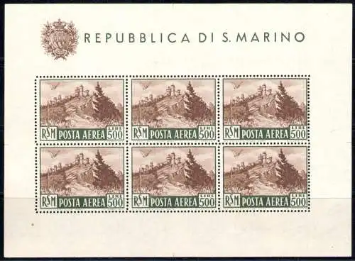 1951 SAN MARINO, Blatt mit Ansicht 500 Lire Bruno, Nr. 12 - Wunderschön ohne Falten - postfrisch ** Enzo Diena Zertifikat