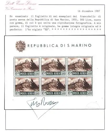 1951 SAN MARINO, Blatt mit Ansicht 500 Lire Bruno, Nr. 12 - Wunderschön ohne Falten - postfrisch ** Enzo Diena Zertifikat