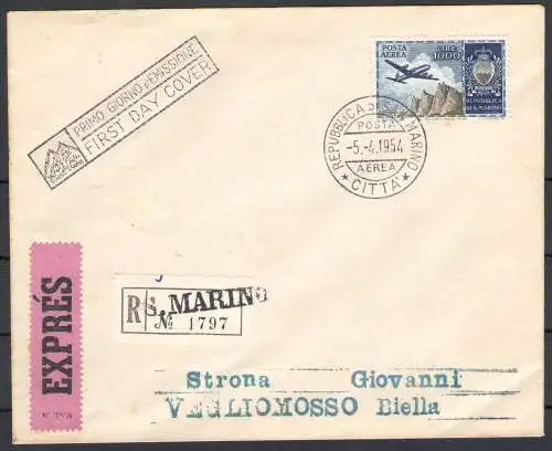 1954 SAN MARINO, Luftpost 1000 Lire Ansicht, empfohlene Expressreise nach Biella