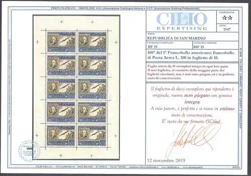 1947 SAN MARINO, amerikanisches Minifil, Nr. 15 - signiert von Enzo Diena - Wunderschön ohne Falten - postfrisch ** Cilio-Zertifikat