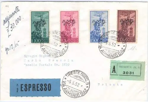 1952 TRIEST A - Serie Kapitol 4 val. - Zweizeiliger Überdruck - 05-05-1952 Expressversichert - selten - Unterschrift Alberto Diena