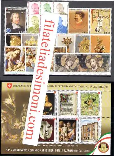 2019 Smom, neue Briefmarken, Vollständiges Jahr 20 Werte + 14 Blätter postfrisch ** Mit dem seltenen Carabinieri-Blatt!!!!