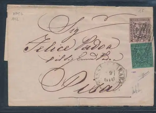 1852 MODENA, Nr. 1 und 2 auf Umschlag für Pisa, gute/sehr gute Margen, signiert Sorani, Stempel Chirici, Signatur Angelo De Simoni