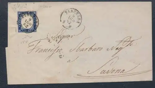 1862 SARDINIEN, 20 Cent Indigo auf Brief von Piacenza nach Savona, Farbe von 1862 - Signata Chiavarello - Ampi Margini