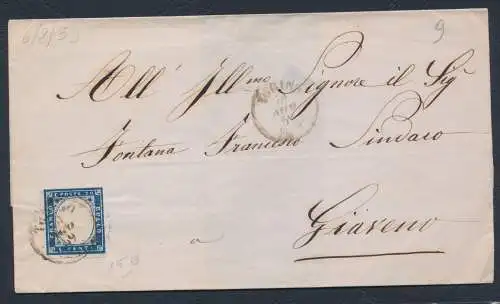 1859 SARDINIEN, 20 Cent dunkelblau auf Brief von Turin nach Javeno, Farbe von 1859 - signiert Chiavarello - 3 große Ränder (Kopie)