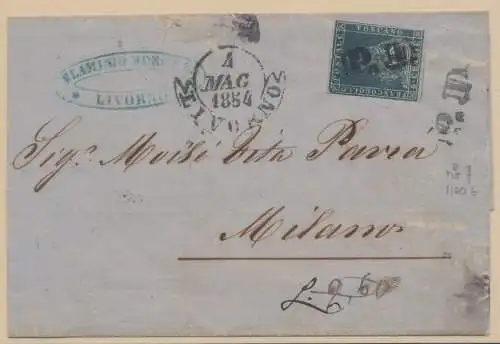 1851-52 TOSKANA, Nr. 7 - 6 verrückt, Schiefer auf grau, von Livorno nach Mailand, 4-05-1854