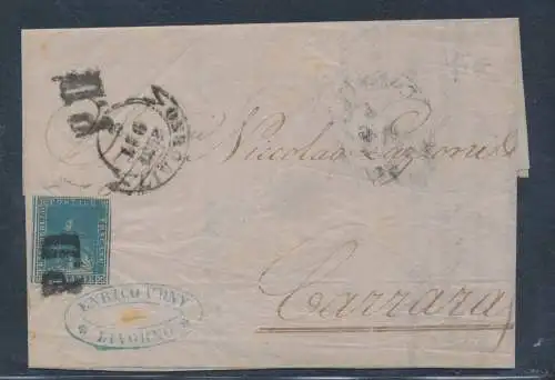 1857 TOSKANA, Nr. 13, 2 verrückte blaue, von Livorno nach Carrara vom 3.07.1858, annulliert P.D., signiert Chiavarello