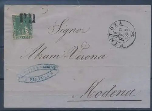 1857 TOSKANA, Nr. 14 4cr. blaugrün, gebraucht, auf Pistoia-Umschlag für Modena vom 21.02.1858, annulliert P.D.