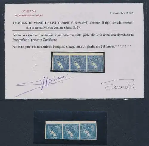 1851 LOMBARD VENETO, Briefmarken für Zeitungen, Nr. 2 - 3 Cent blau Typ II, 3-Streifen, DEFEKT - LH *