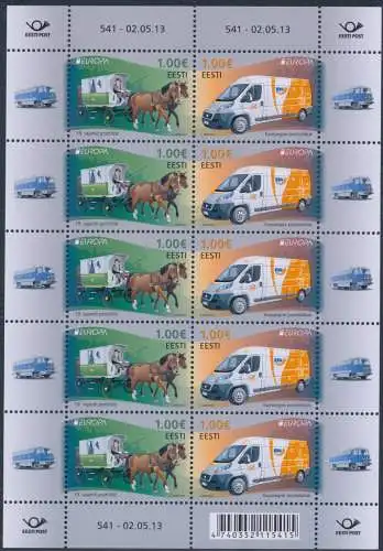 2013 EUROPA CEPT, Estland, 1 Minifil mit 5 Werten als Paar, Postfahrzeuge, postfrisch**
