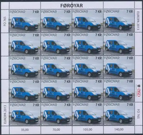 2013 EUROPA CEPT, FØROYAR, 2 Minifahrzeuge mit 20 Werten a, Postfahrzeuge, postfrisch**